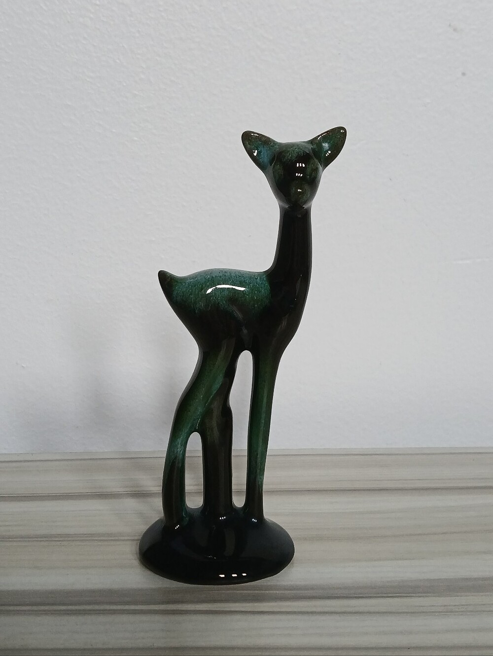 Vintage Blue Mountain Pottery Tall Slim Standing Deer Figurine Green Drip Glaze